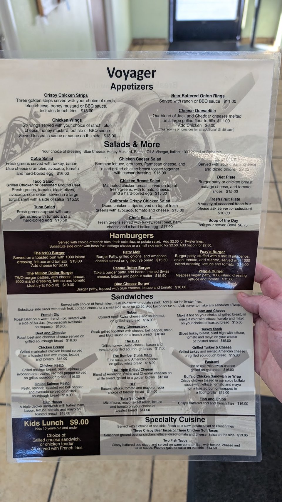 Breakfast and lunch items on a casual menu.
