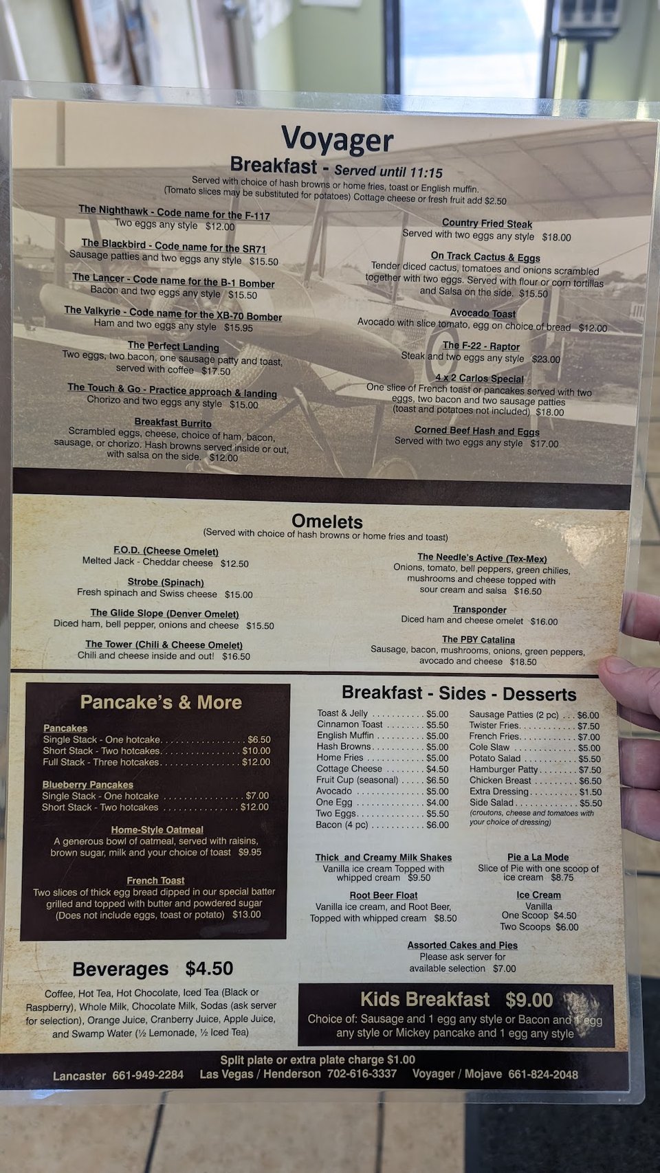 Diner menu with salads and kid's meals.
